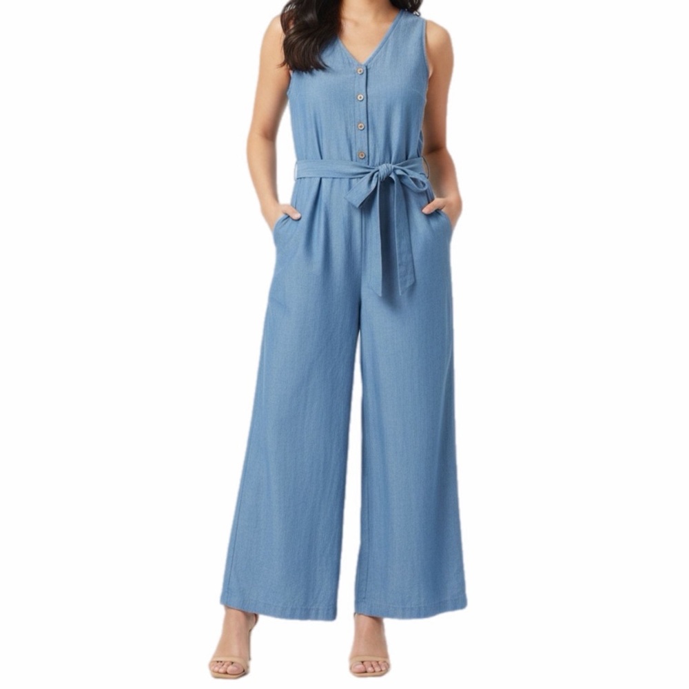 Cupshe Jumpsuit Womens S Blue Chambray One Piece Playsuit Ankle Belt Flowy Beach
